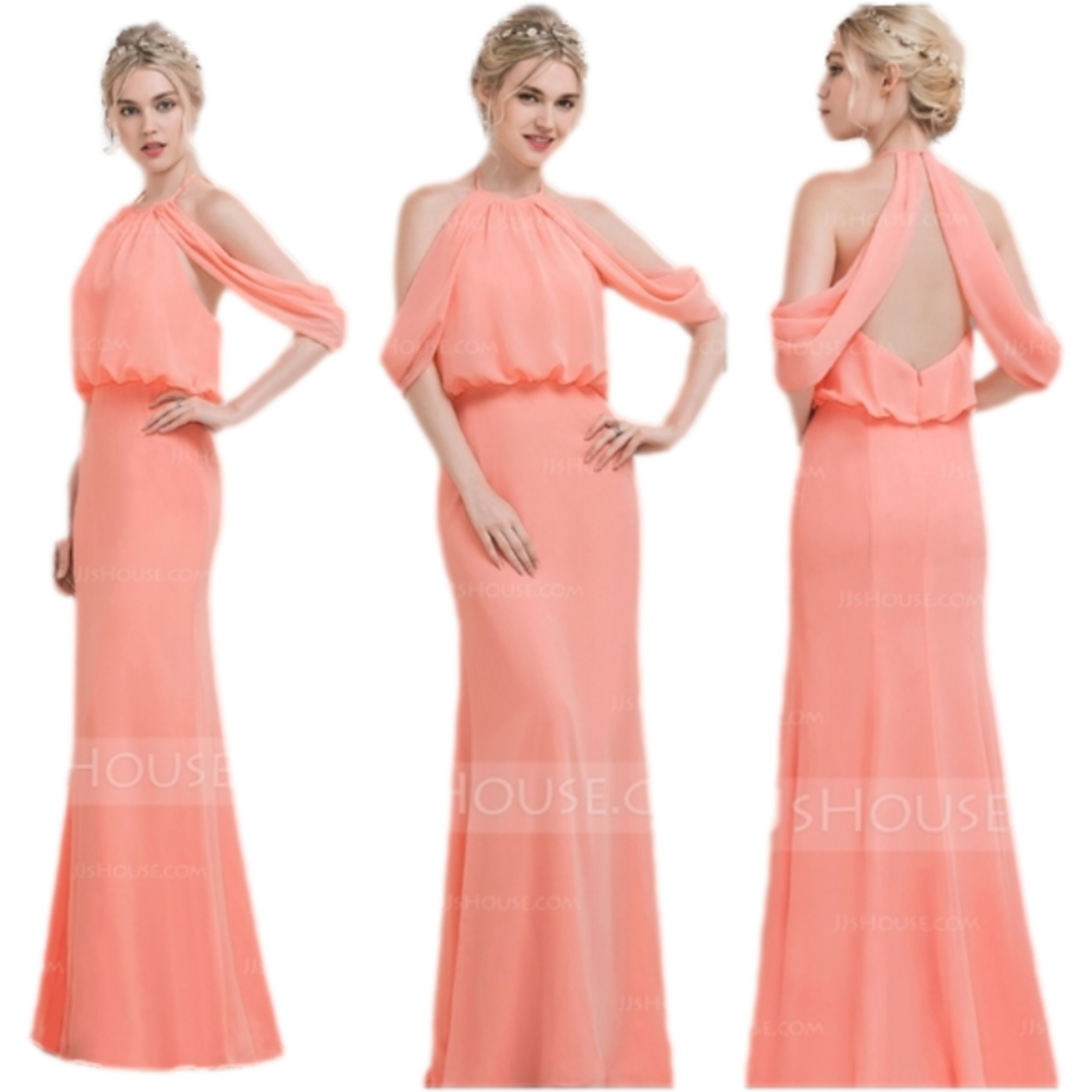 Coral Scoop Neck Floor-Length Chiffon Dress